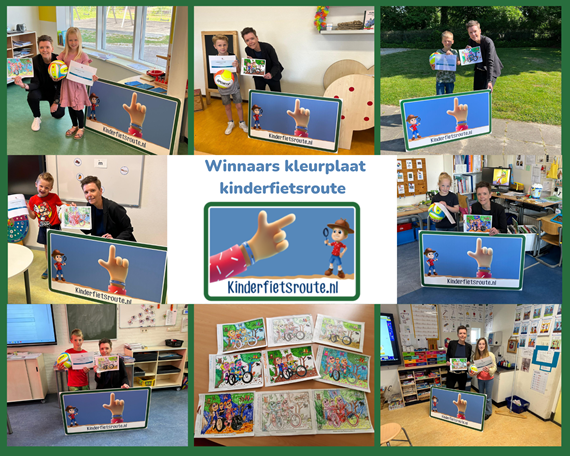 Collage kleurplatenwinnaars kinderfietsroute